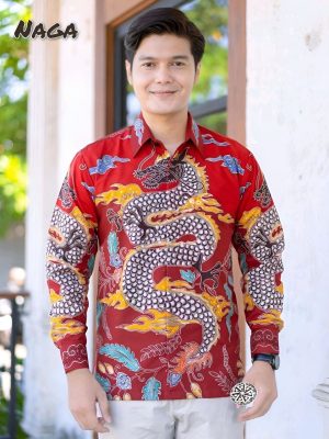 Kemeja Batik Tulis Naga Merah Lengan panjang